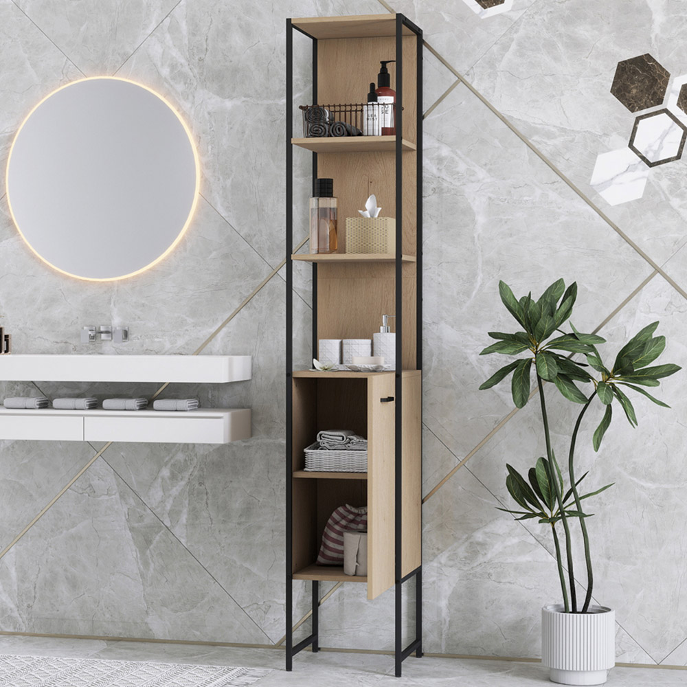 HOMCOM Single Door 3 Shelf Natural Adjustable Tall Bathroom Cabinet Image 1