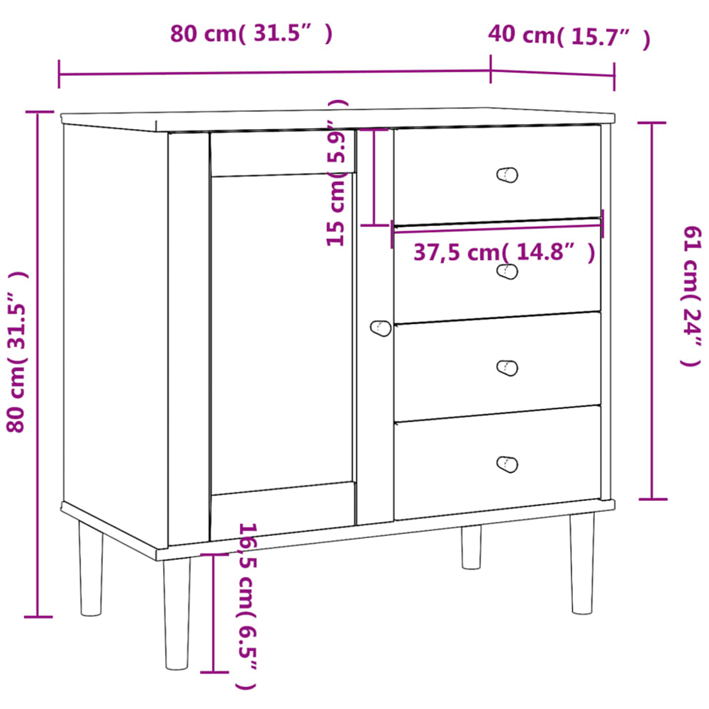 vidaXL Single Rattan Door 4 Drawer Brown Pine Wood Sideboard Image 9