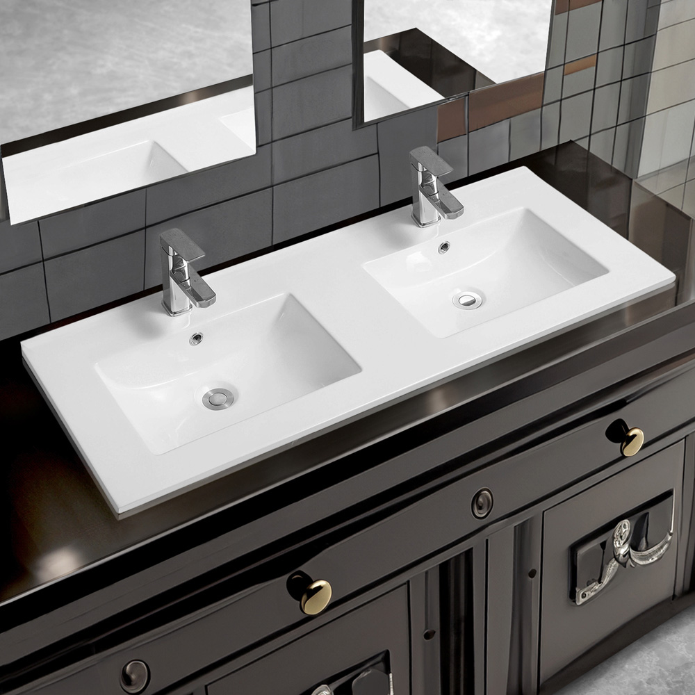 Limoge White Ceramic Thin Edge Double Inset Basin with Scooped Bowl 1210mm Image 2