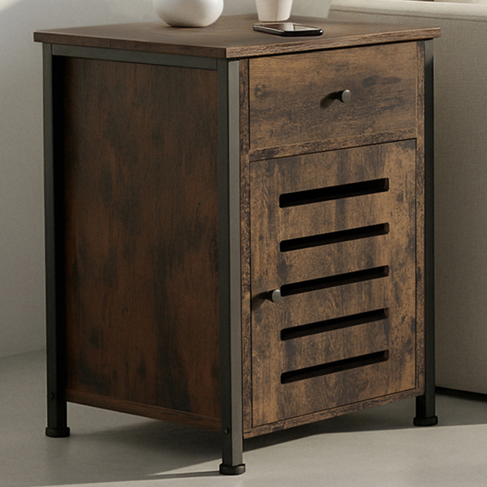 Tectake Waterford Single Door Single Drawer Rustic Dark Wood Bedside Table Image 1