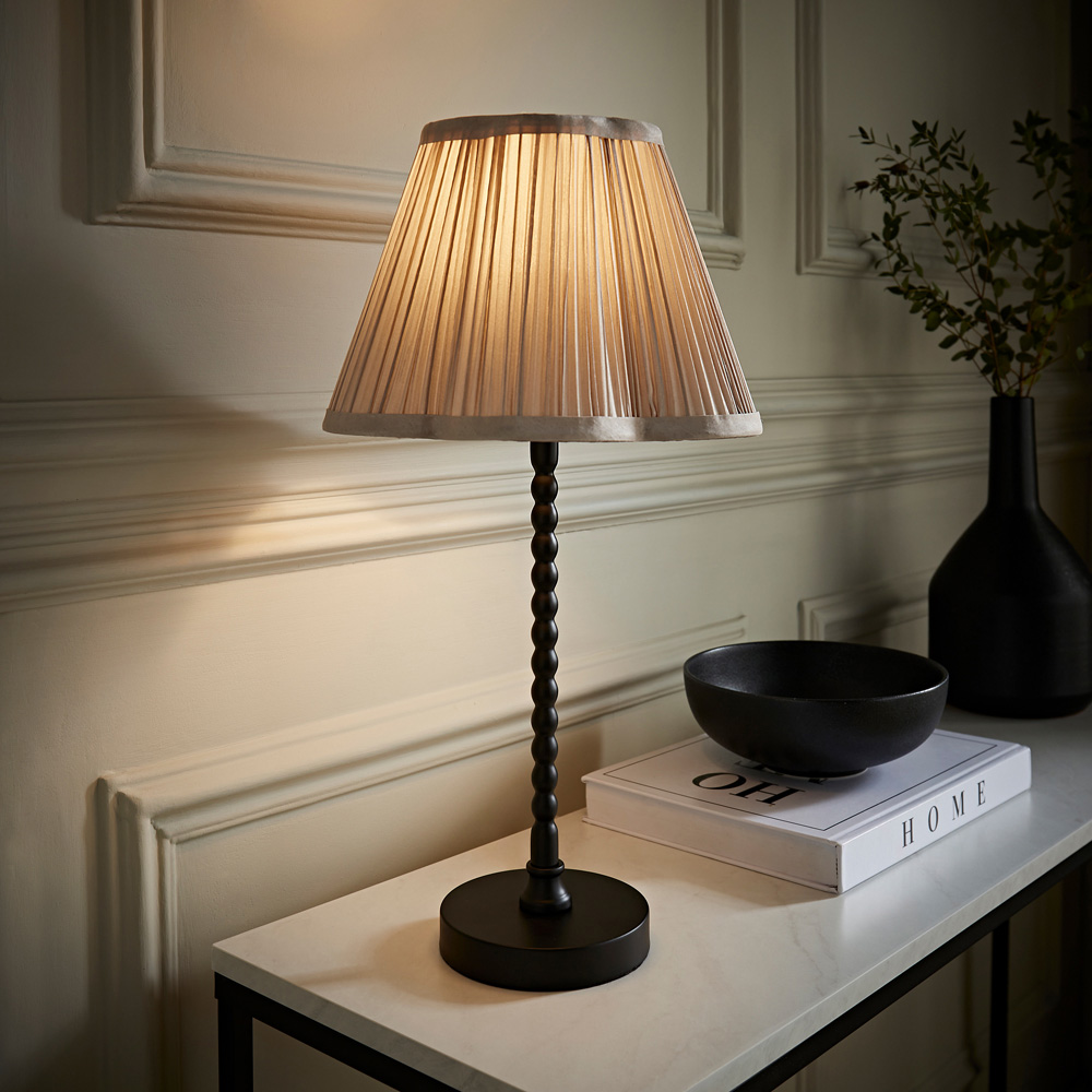 ValueLights Maeve Light Grey Pleated Faux Silk Scallop Shade Black Bobbin LED Table Lamp Image 2