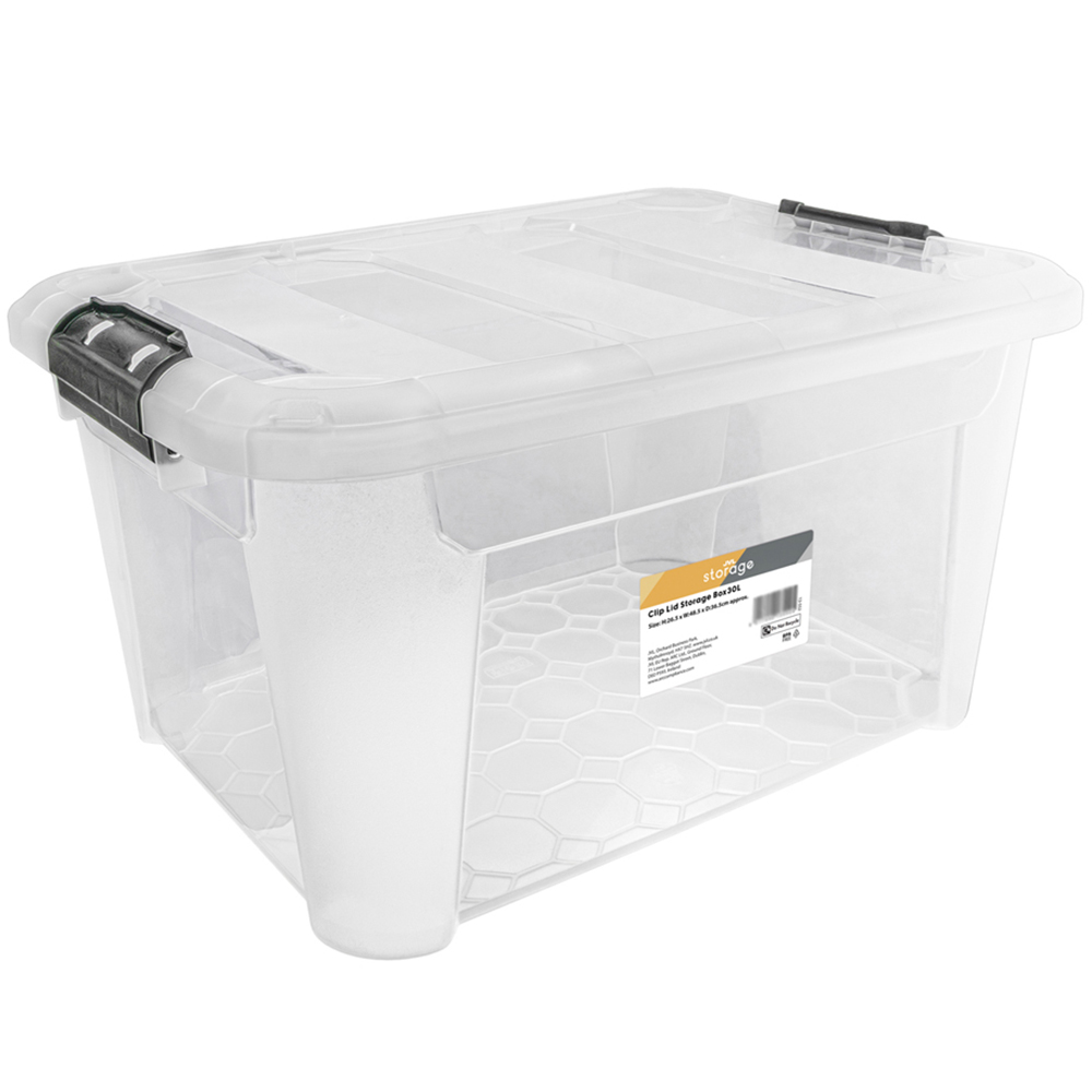 JVL 30L Clear Plastic Stackable and Nestable Storage Box with Secure Clip Lid 3 Pack Image 4