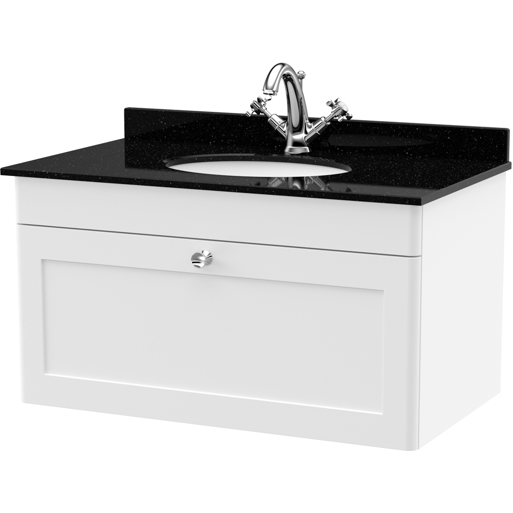 nuie Classique Single Drawer Satin White and Black Wall Hung Unit and 1 Tap Hole Marble Basin 800mm Image 1