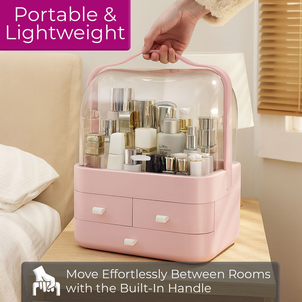 Neo 3 Drawer Pink Acrylic Makeup Storage Organiser with Lid Image 7