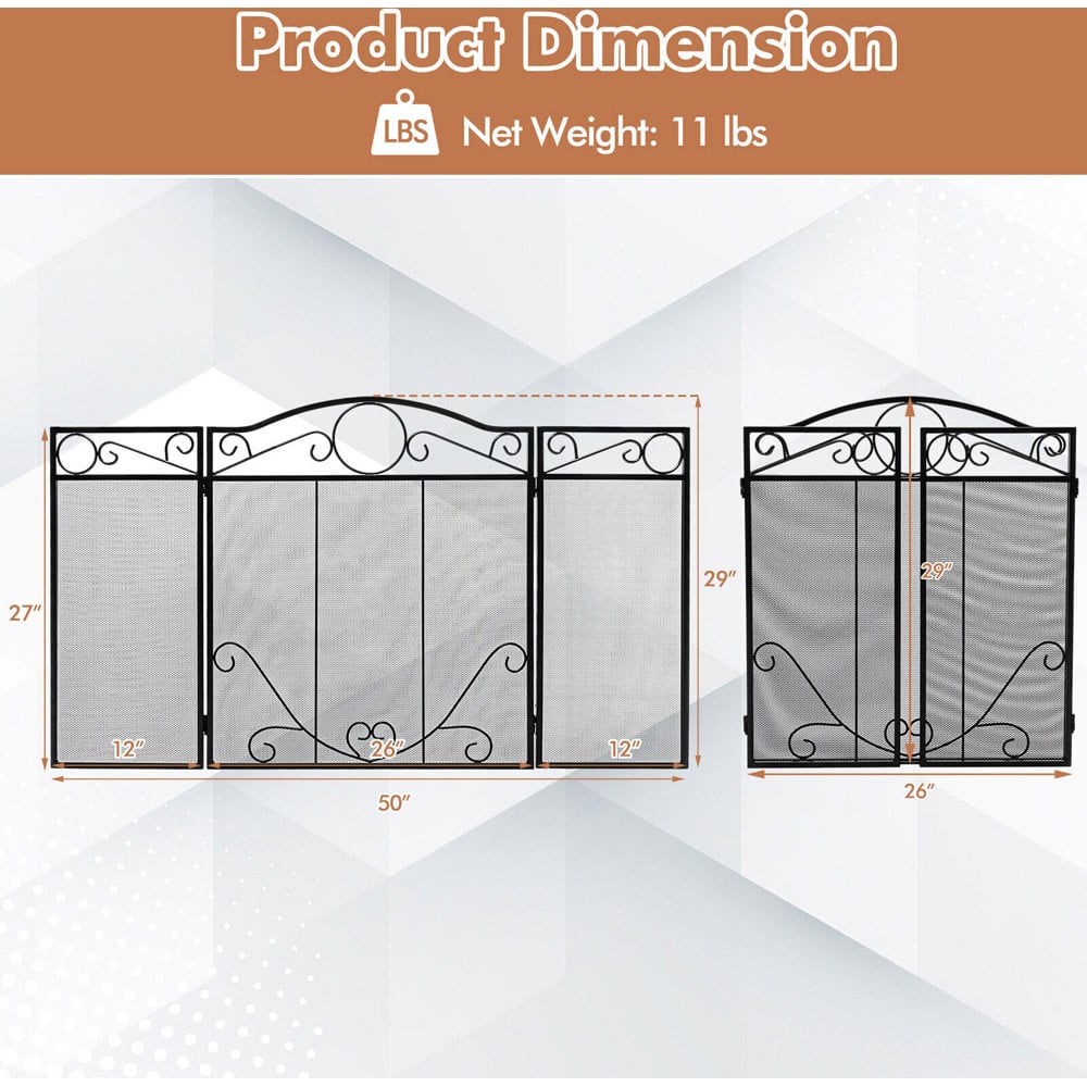Costway 3 Panel Folding Metal Fireplace Screen Image 7