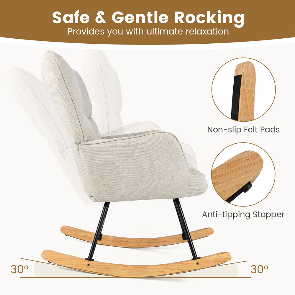 Costway Beige Linen High Backrest Nursery Rocking Chair Image 8