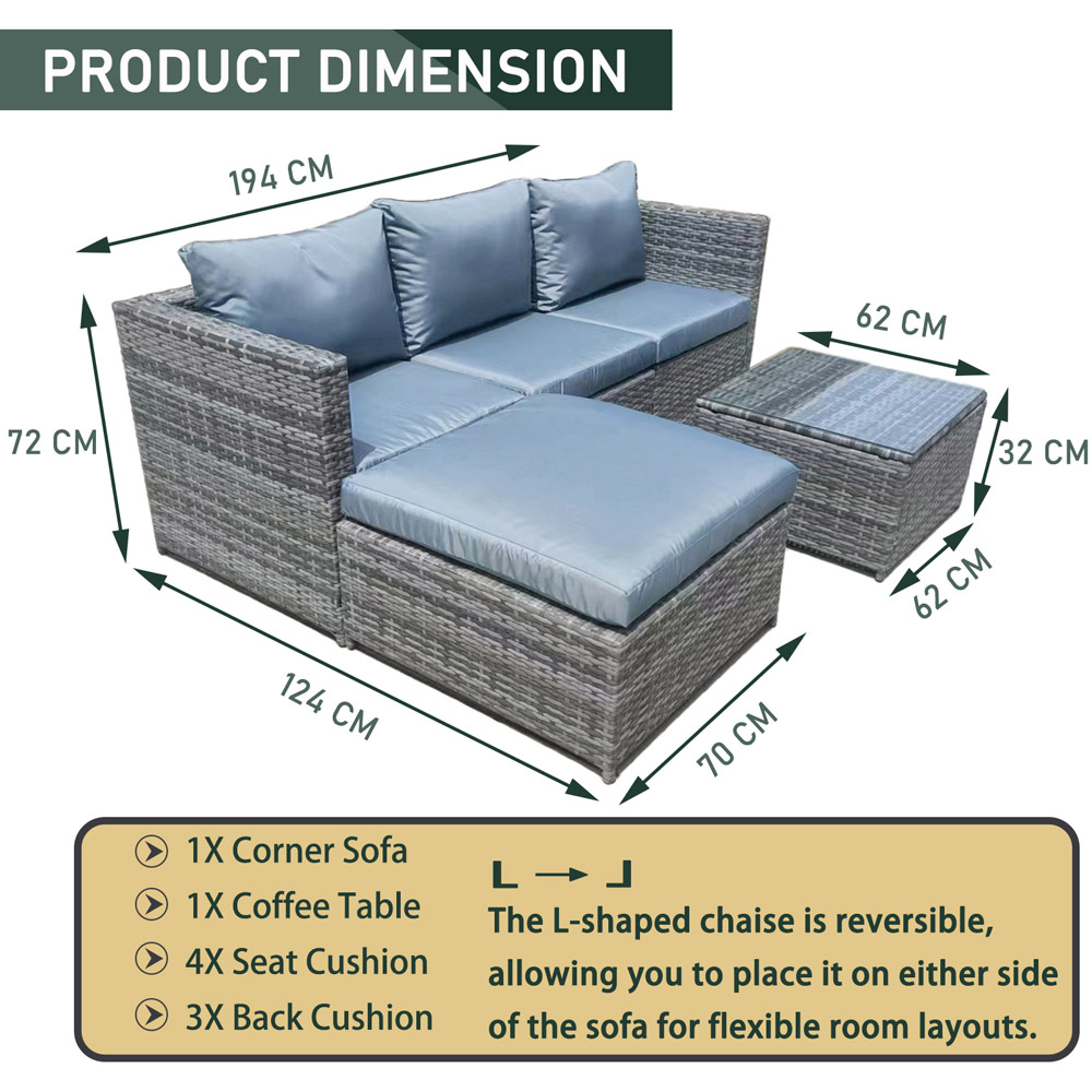 Furniture One 3 Seater Grey Rattan L Shape Reversible Corner Chaise Lounge Sofa Set Image 7
