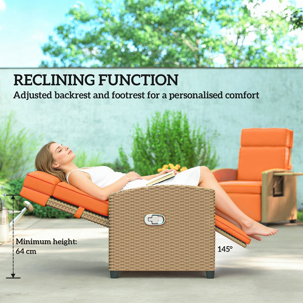 Outsunny Khaki and Orange Rattan Garden Recliner with Flip Table Image 7