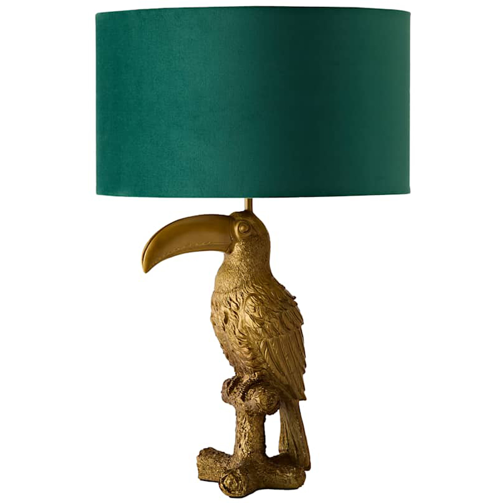 ValueLights Tuki Toucan Gold and Green Velvet Shade Brushed Bronze Table Lamp with Bulb Image 1