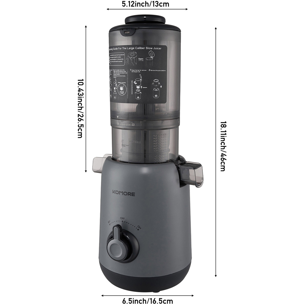 Komore EK090051 Grey Slow Masticating Cold Press Juicer with 130mm Chute 200W Image 8