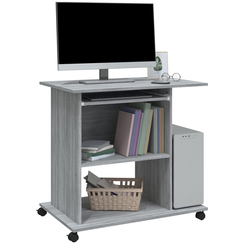 vidaXL 3 Shelf Movable Computer Desk with Keyboard Tray Grey Sonoma Image 3