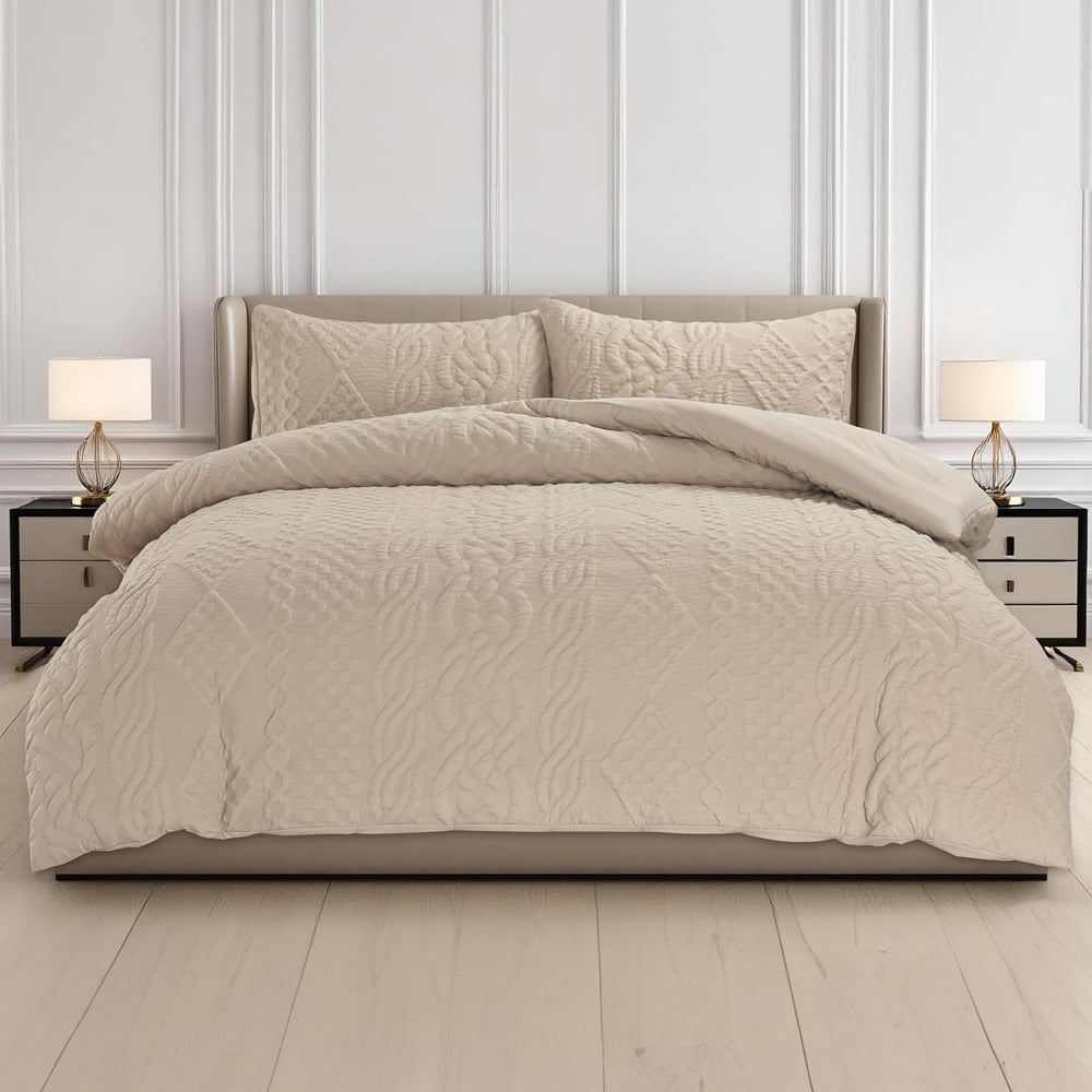 Velosso Super King Size Beige Quilted Knit Duvet Set Image 1