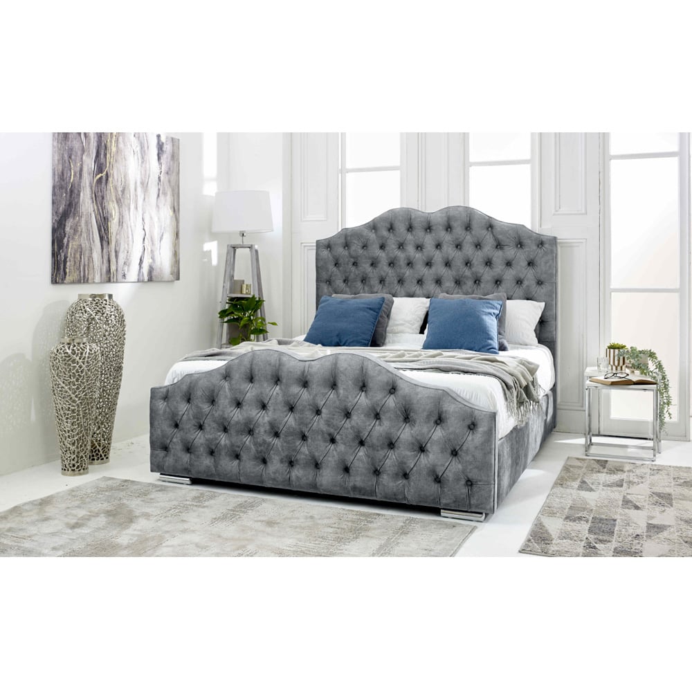 Eleganza Kenwood Small Double Silver Marble Fabric Bed with Waved Headboard Image 4