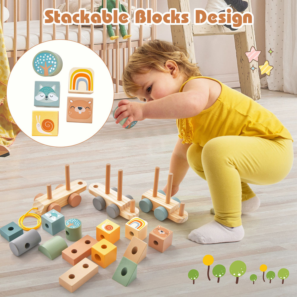Costway Wooden Toy Train Set with 14 Stacking Wooden Blocks Image 4
