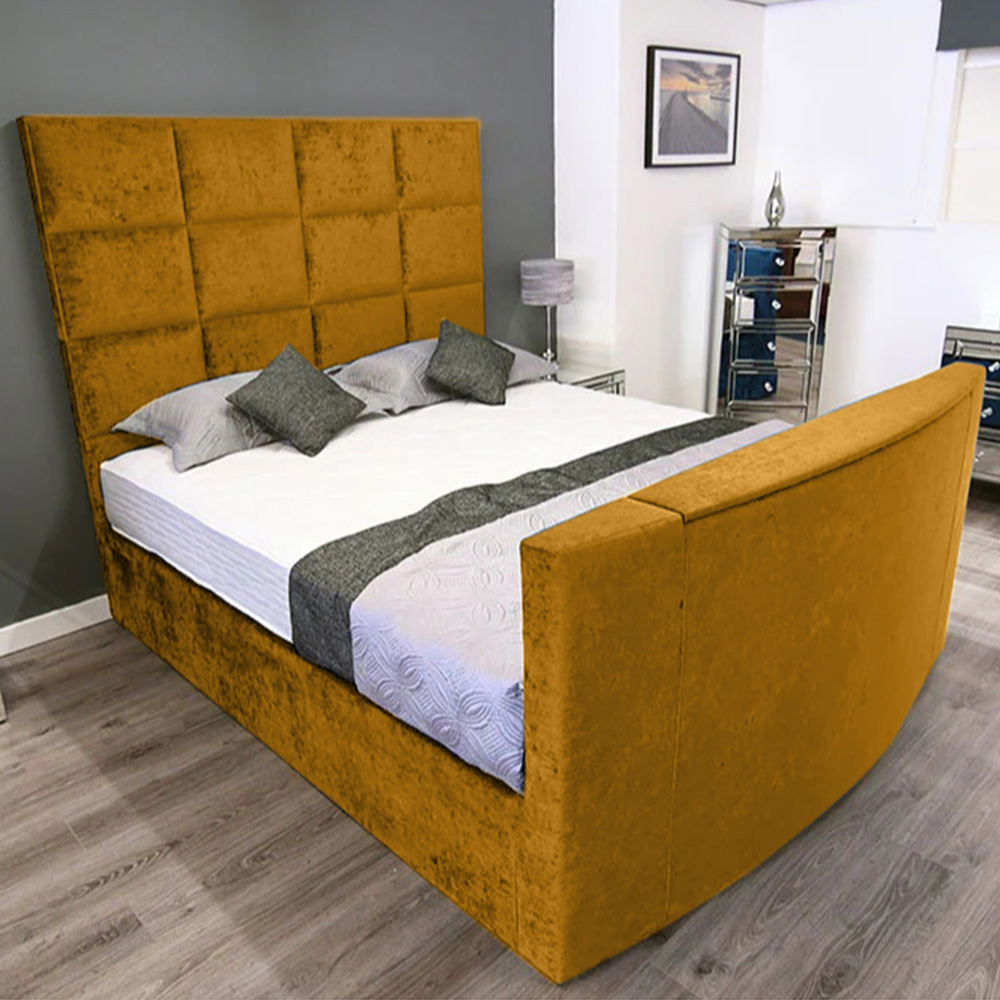 Eleganza Home Lurvi King Size Mustard Plush TV Bed Frame with Headboard and Footboard Image 1