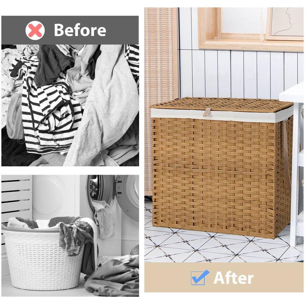Costway Natural 2 Bags Handwoven Rattan Laundry Hamper with Lid and Wheels 125L Image 6