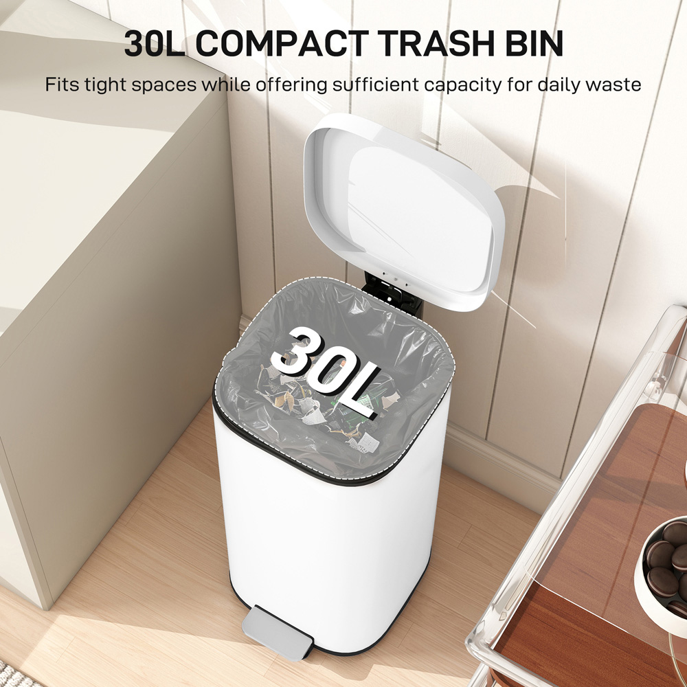 HOMCOM White Pedal Bin with Removable Inner Bucket and Soft-Close Lid 30L Image 8
