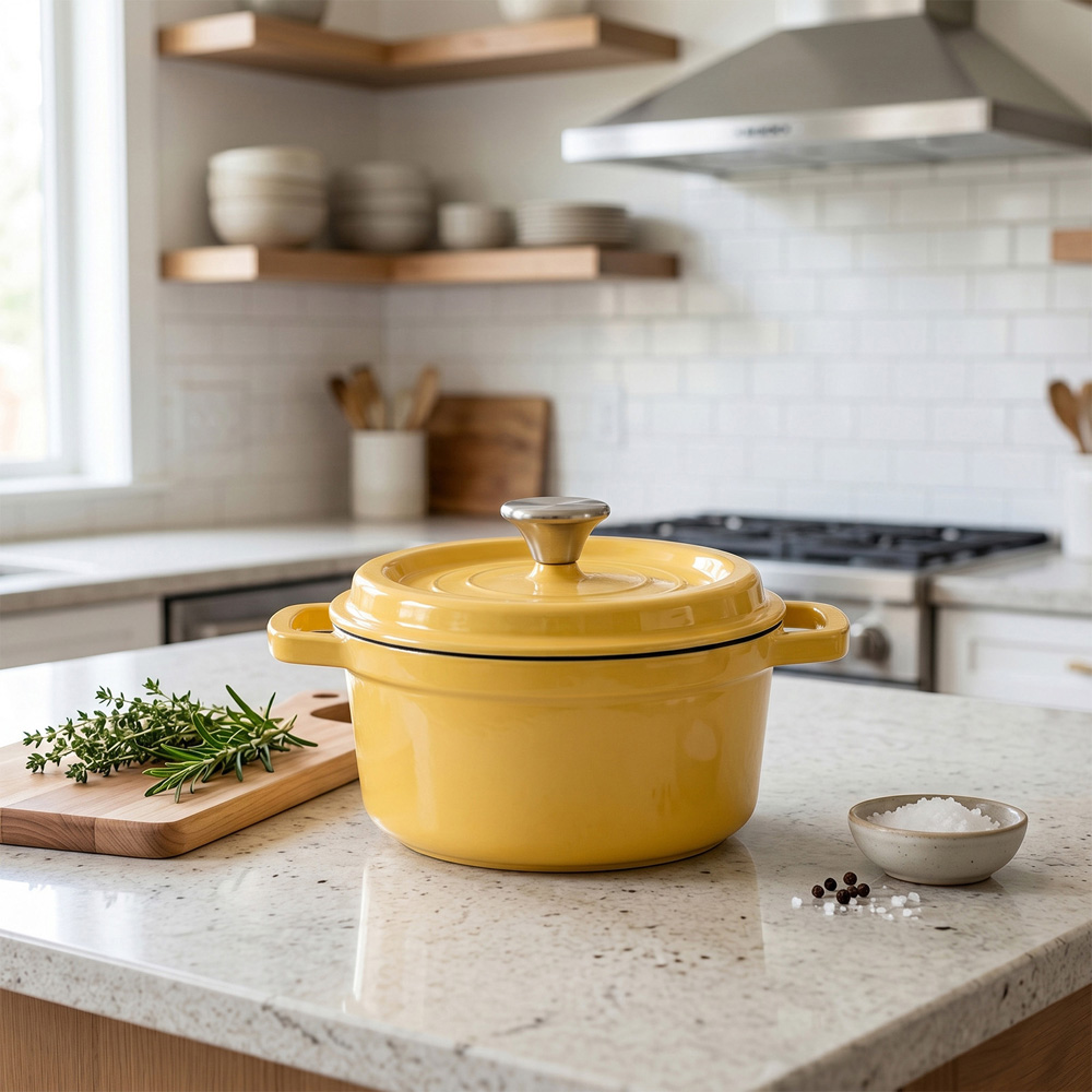 Living and Home Yellow Enamelled Cast Iron Dutch Oven Pot 5L Image 2