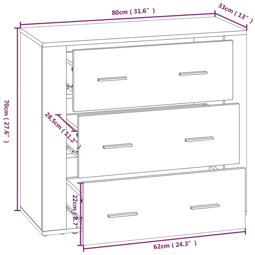 vidaXL 3 Drawer Grey Sonoma Sideboard Image 9