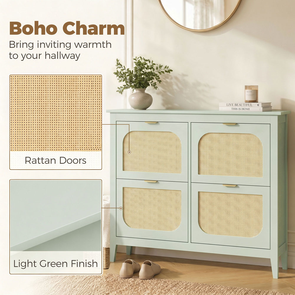HOMCOM 4 Flip Door Green Rattan Boho-Style Slim Shoe Cabinet Image 5