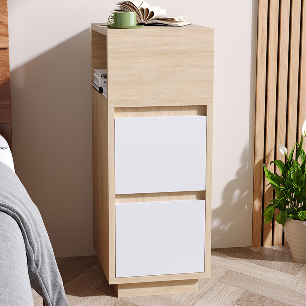 Living and Home 2 Drawer Light Wood and White Bedside Table Image 1