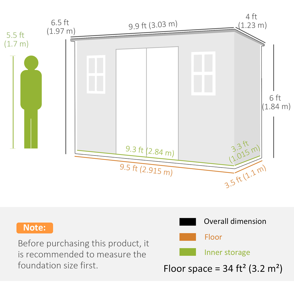 Outsunny 10 x 4ft Dark Grey Pent Garden Shed with Built-In Floor Image 9