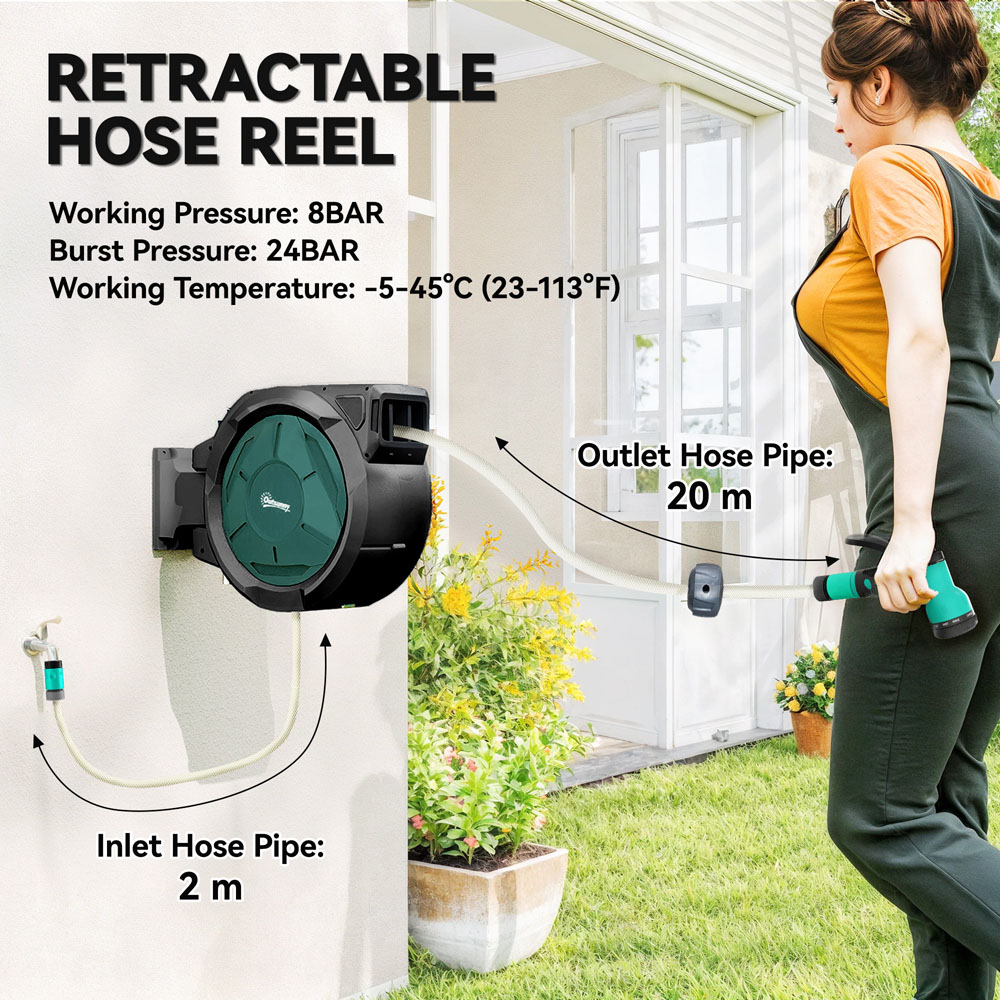Outsunny Black Retractable Hose Reel Wall Mounted with Lock 20m Image 8