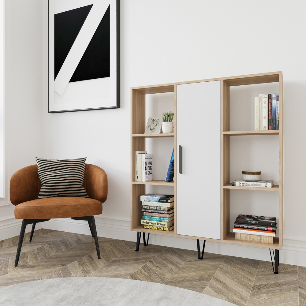 Decorotika Peoria Single Door 6 Shelf Oak and White Bookcase Image 3