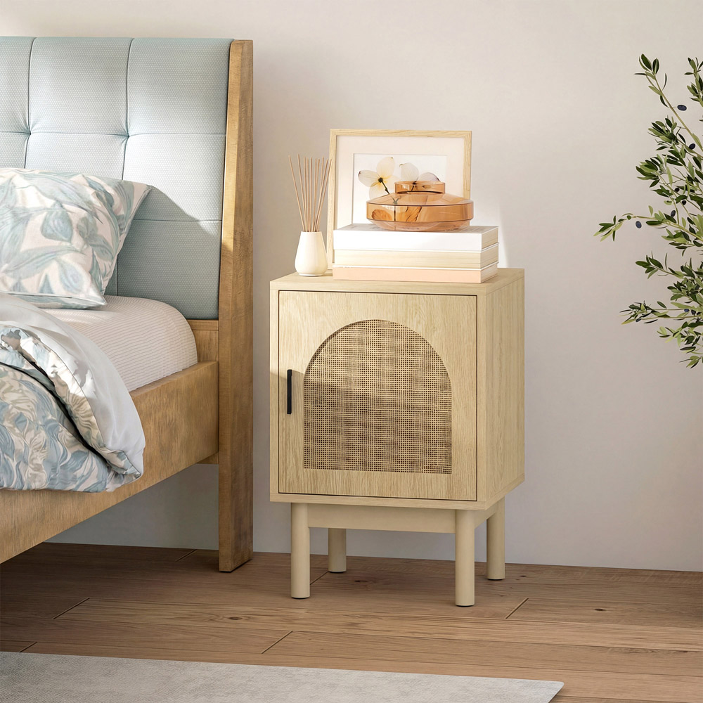 HOMCOM Boho Single Door Natural Rattan Bedside Table Image 2