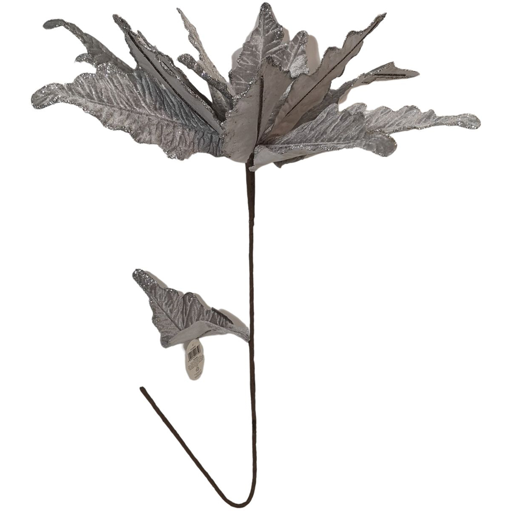 Samuel Alexander Silver Velvet Poinsettia Stem with 2 Flowers Christmas Decoration 68cm Image 1