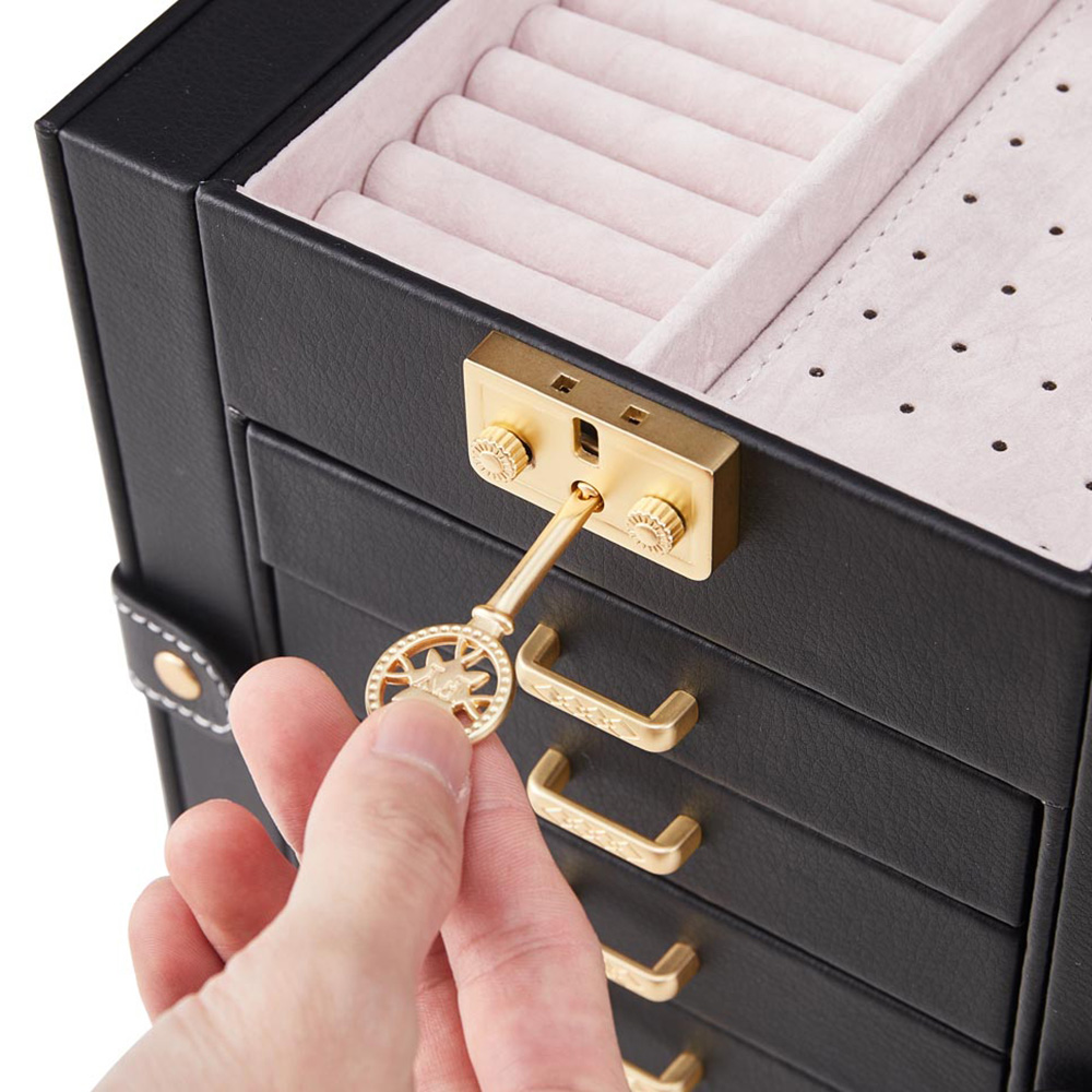 Living and Home 5 Drawer Black Faux Leather Jewellery Box with Mirror Image 6