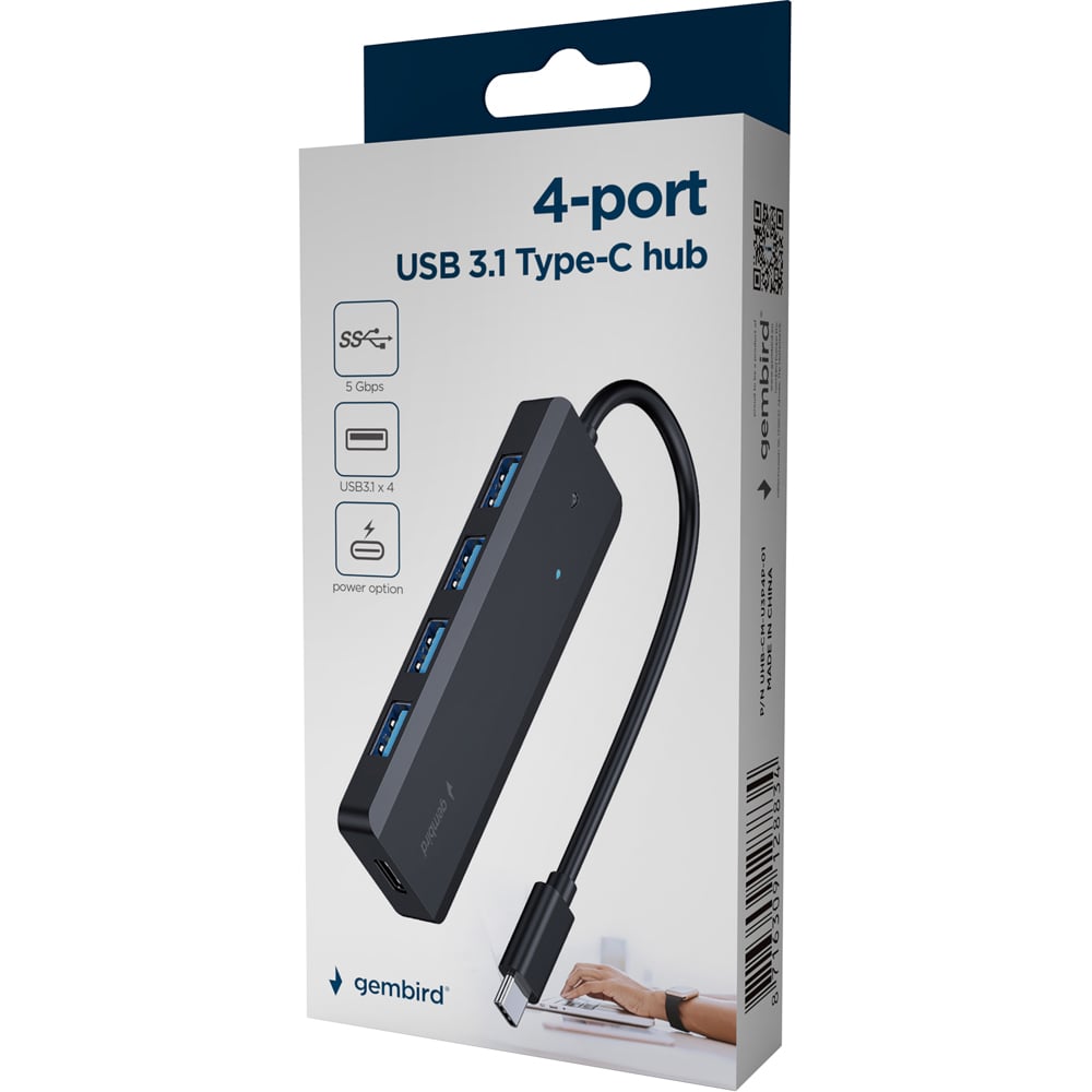 Gembird Black Type C to 4 Port USB 3.1 Hub 10.2W Image 3