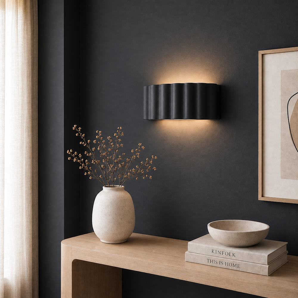 ValueLights Pablo Navy Blue Ribbed Ceramic Flush Wall Light with Bulb Image 5