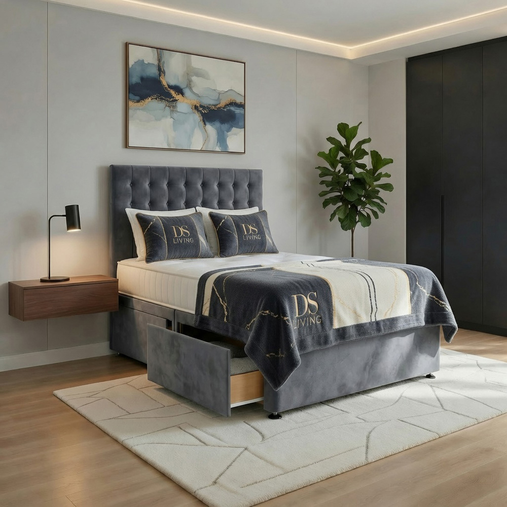 DS Living Casia Double Grey Plush Velvet Divan Bed with 4 Drawer Image 4