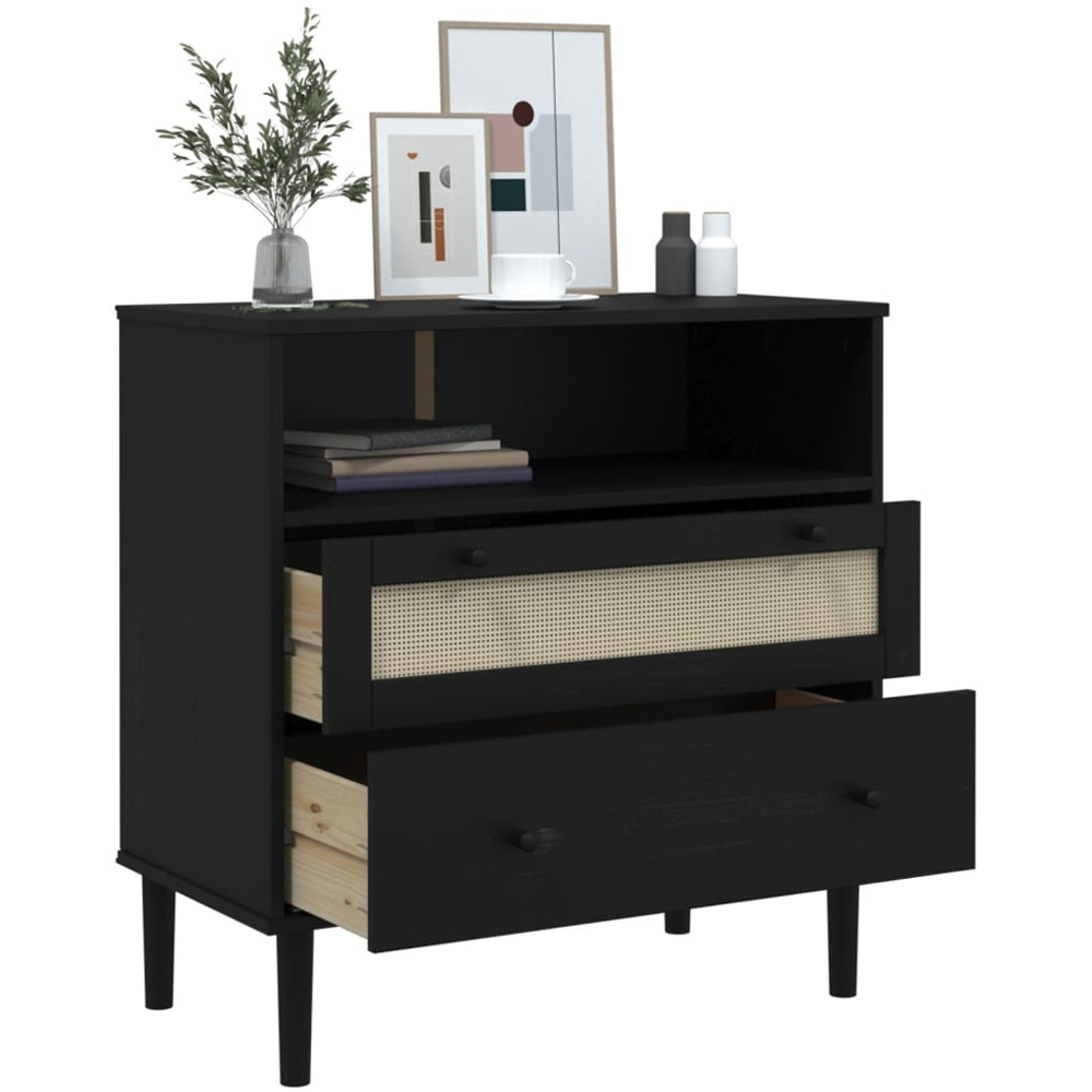 vidaXL 2 Drawer Single Shelf Black Rattan Look Wooden Sideboard Image 4