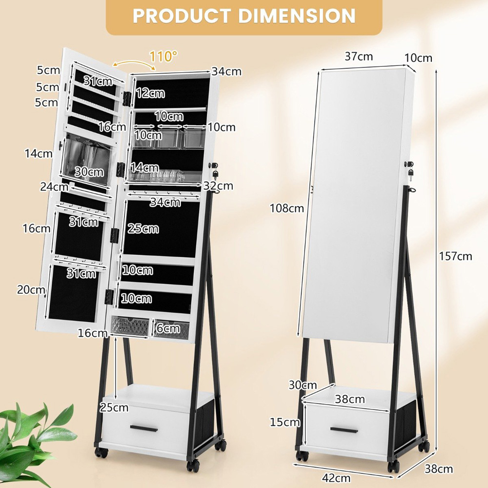 Costway White Lockable Mirrored Jewellery Cabinet Image 9