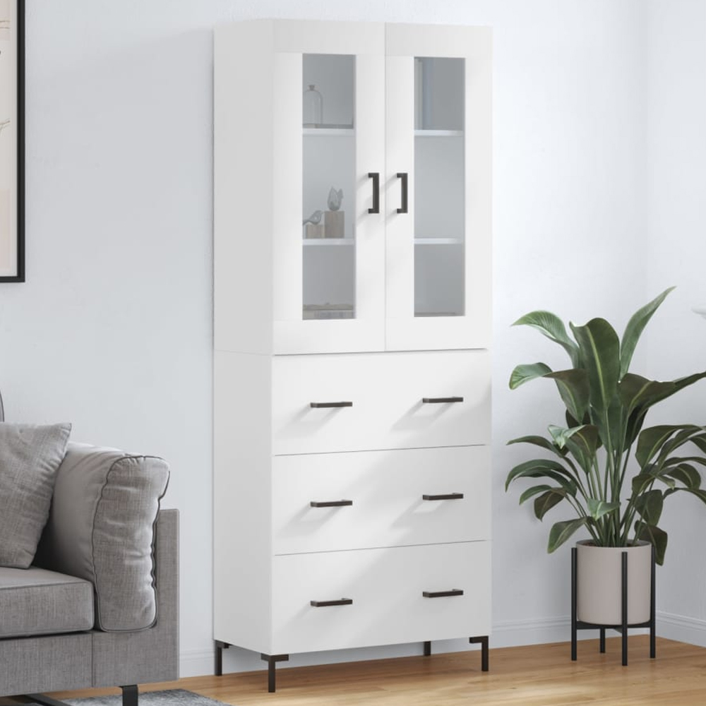 vidaXL 2 Glass Door 3 Drawer White Highboard Image 1
