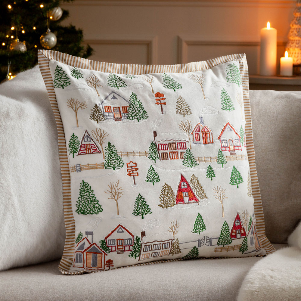 Paoletti White Winter Ski Lodges Embroidered Cushion 50 x 50cm Image 2