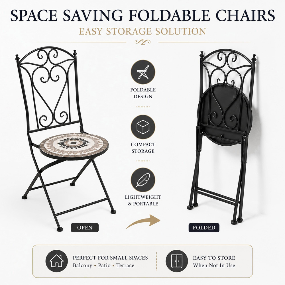 Shatchi Medina 2 Seater Mosaic Ceramic Tile Top Foldable Bistro Set Image 3