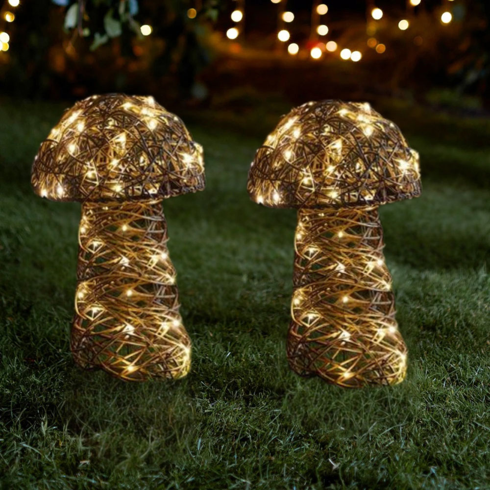 Garden Mile Warm White LED Rattan Mushroom Light Set 34cm 2 Pack Image 2
