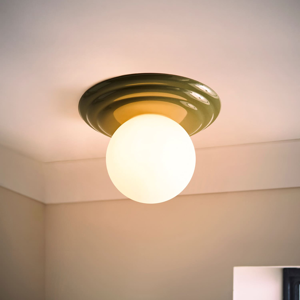 ValueLights Rue Frosted Glass Shade Olive Ribbed Ceramic Base Flush Ceiling Light with Bulb Image 2