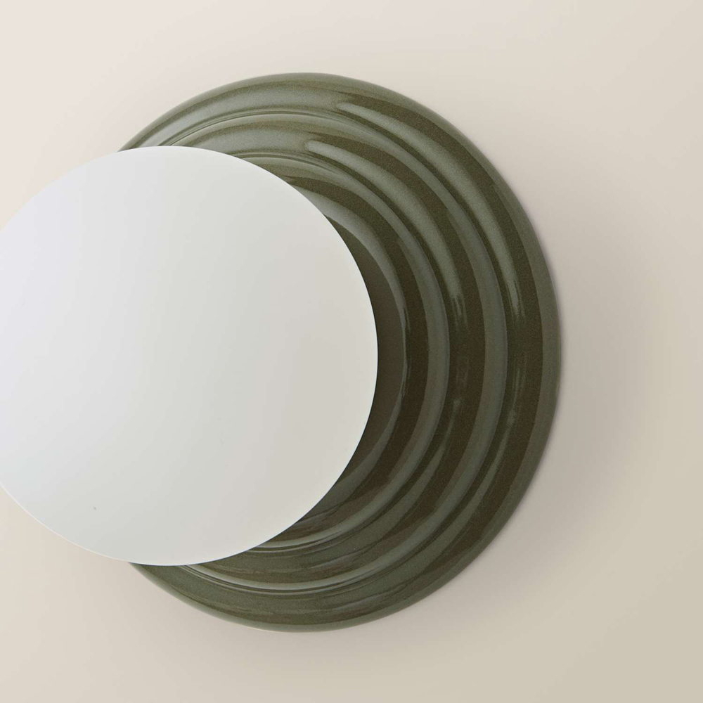ValueLights Rue Frosted Glass Shade Olive Ribbed Ceramic Base Flush Wall Light with Bulb Image 5