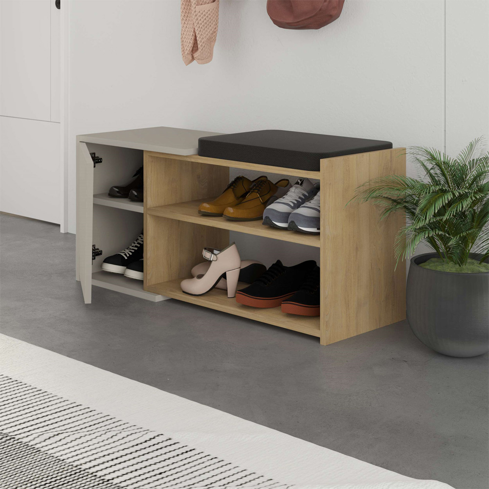 Decortie Fiona Sandstone and Oak Entryway Shoe Bench Storage Image 4