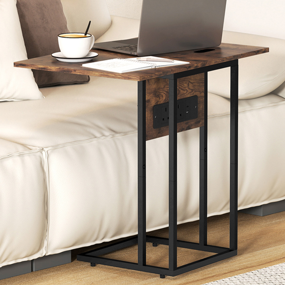 Portland Rustic Brown C Shaped Foldable Top Side Table with Charging Station Image 1