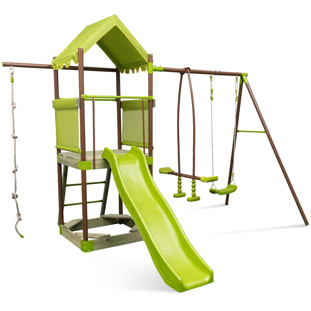 Costway 7 in 1 Green Metal Outdoor Swing Playset with Covered Fort Image 1