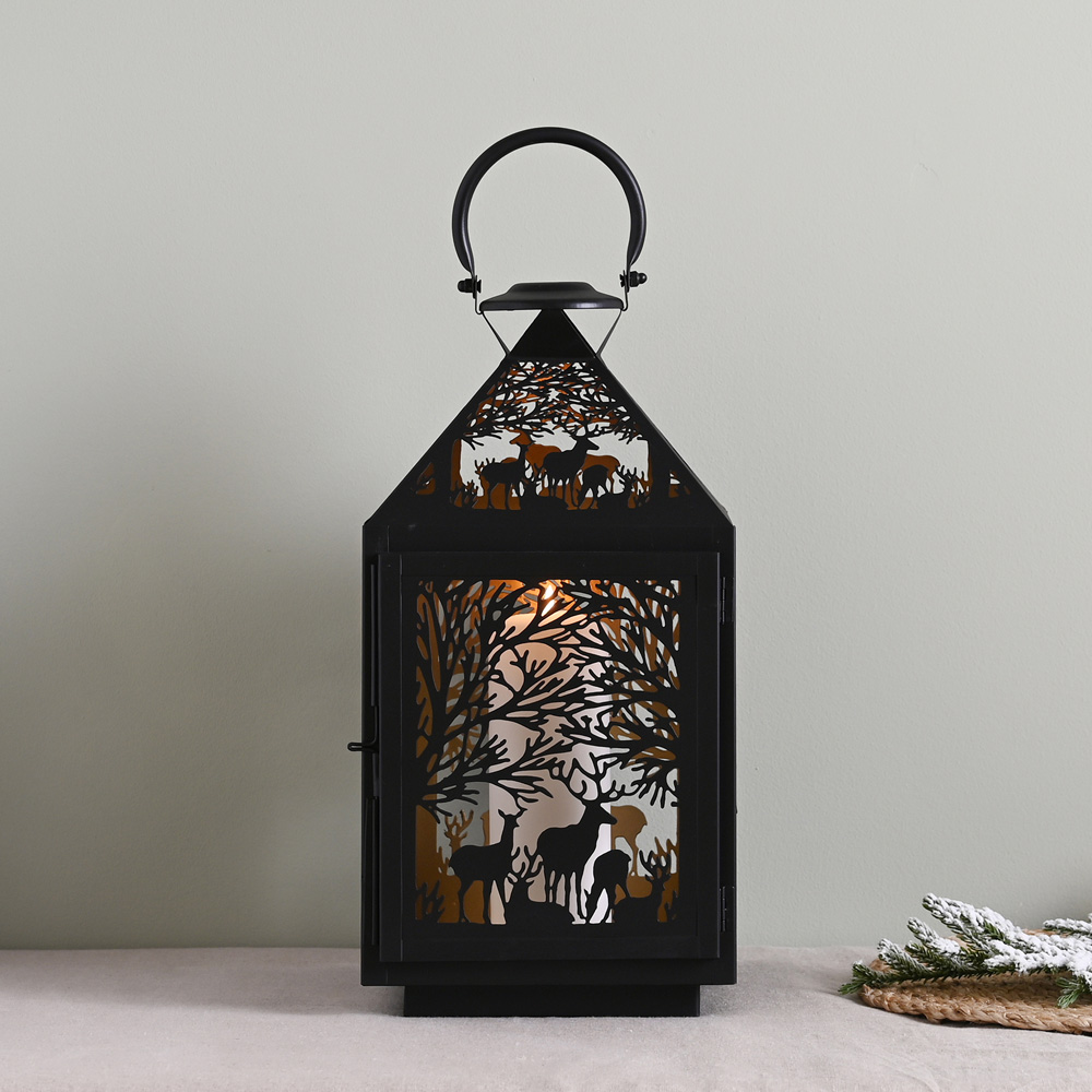 The Christmas Gift Co Black Large Square Stag Silhouette Lantern Image 1
