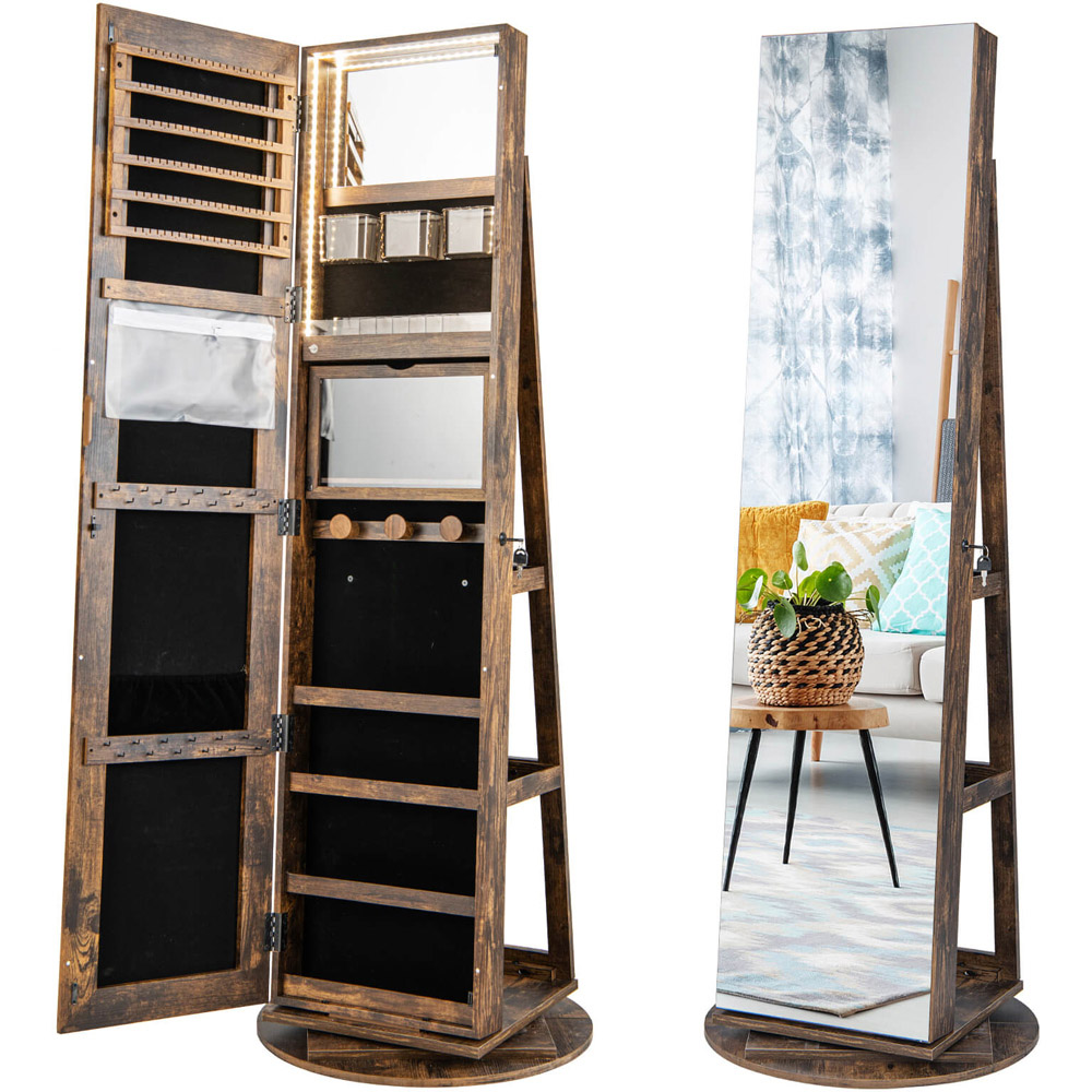 Costway Rustic Brown Mirrored Jewellery Armoire with Auto-On LED Lights Image 3