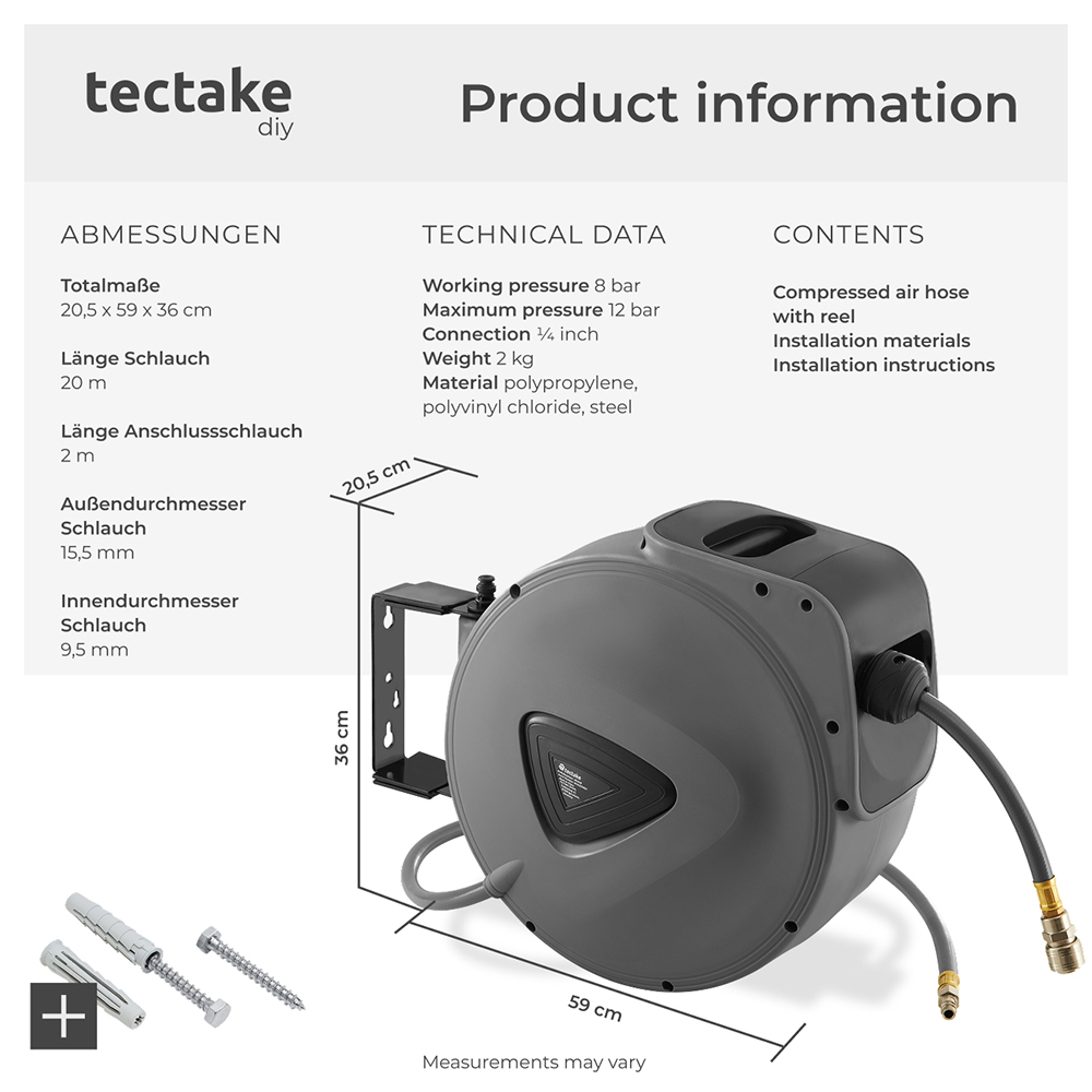 tectake Compressed Air Hose with Reel 10m Image 7