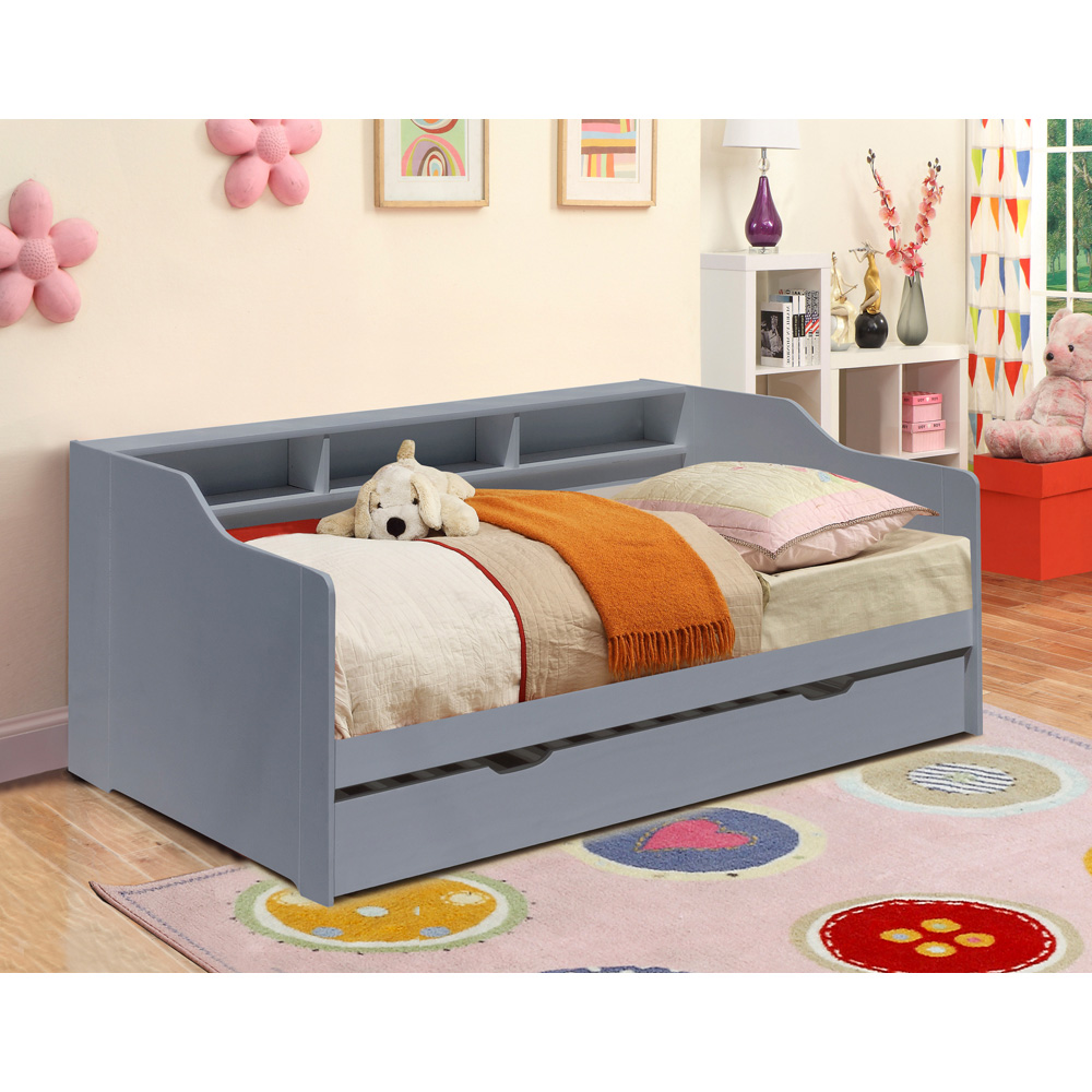 Comfy Living Single Caramel Wooden Bed with Trundle and Shelves Image 4