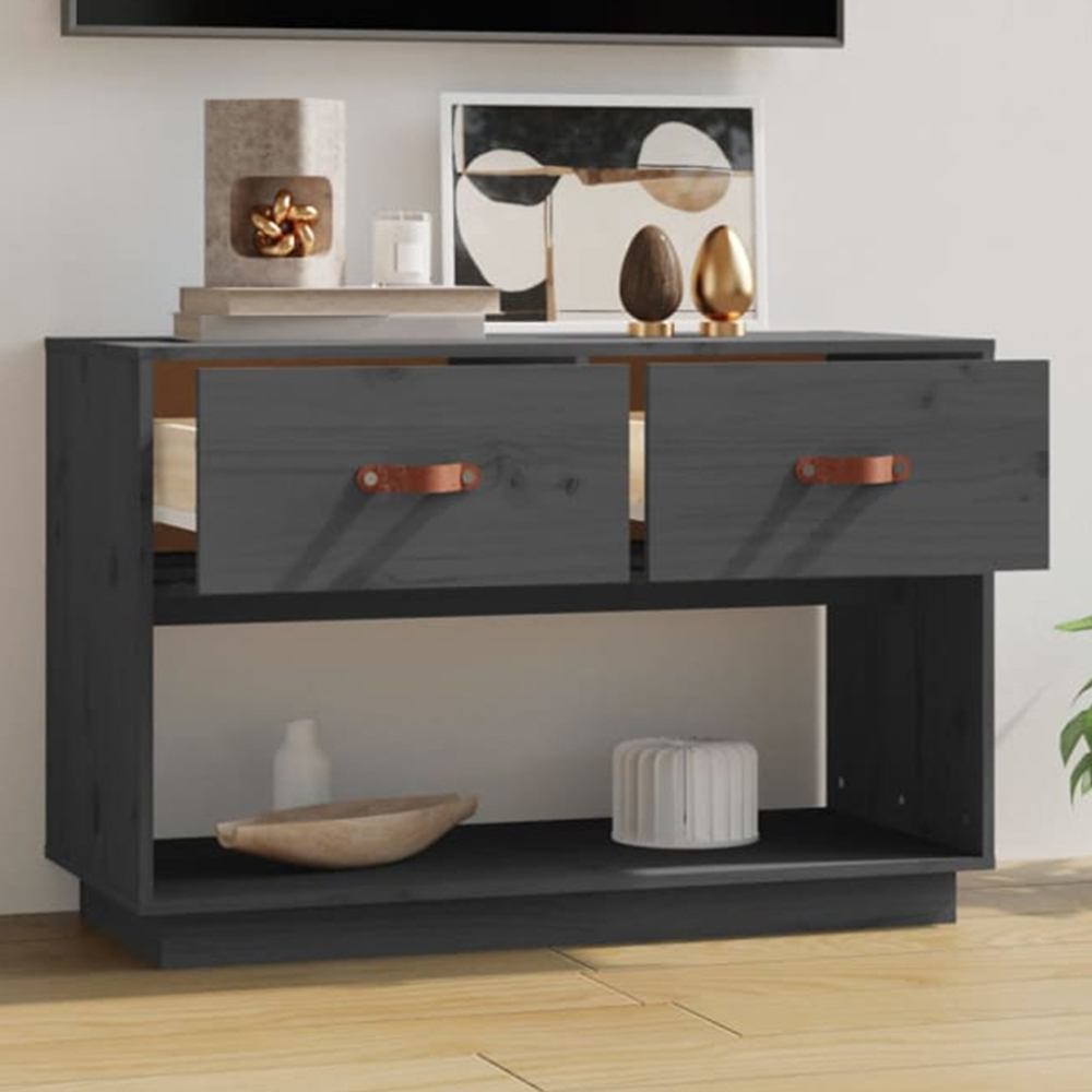 vidaXL 2 Drawer Single Shelf Grey Solid Pine TV Cabinet Image 1